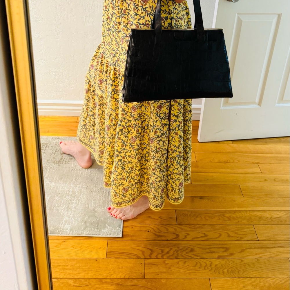 Yellow Floral Maxi Skirt with Black Croc-Embossed Bag